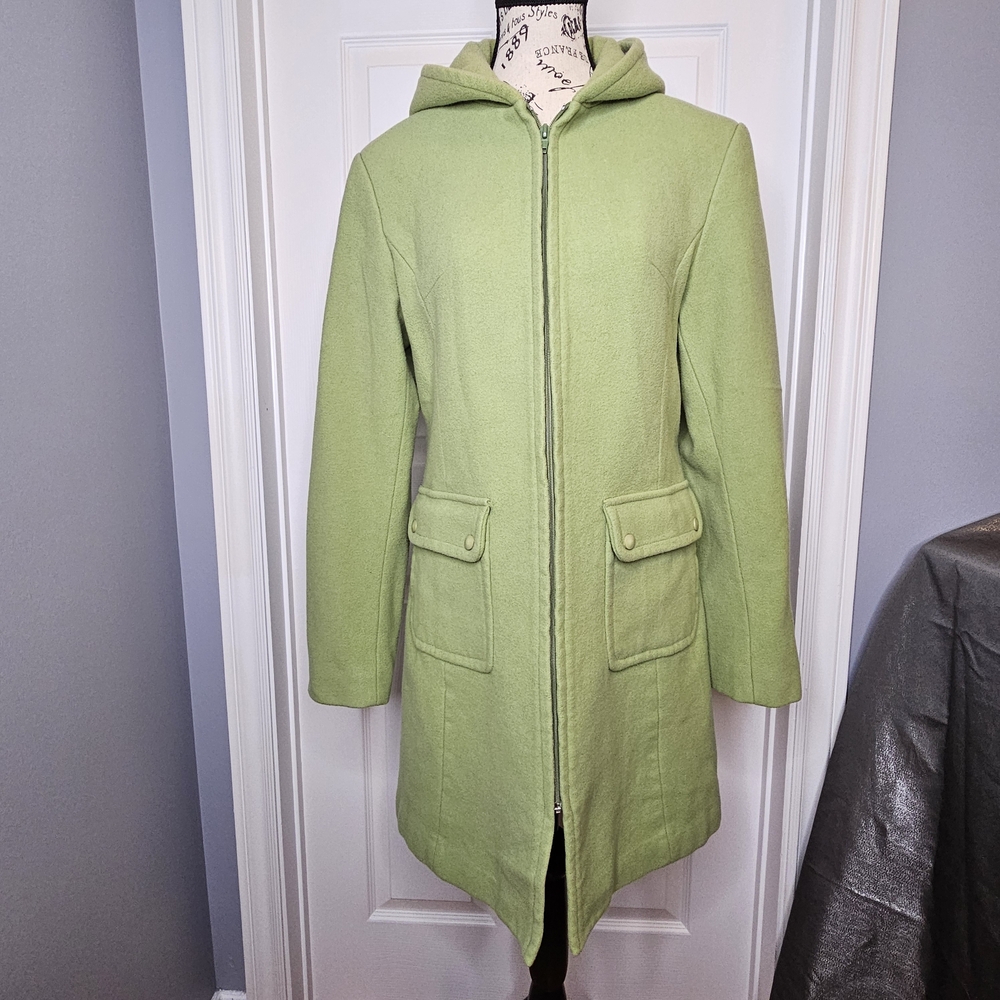 Tattoo Women's Mid-Length Wool Blend Pea Coat Lime Green Size M Hooded